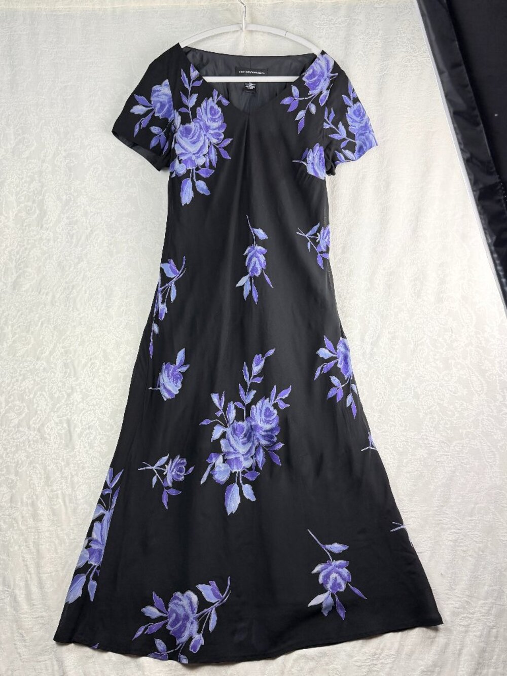 JONES NEW YORK Women’s 14 Black Purple Floral Print Short Sleeve A-Line Maxi